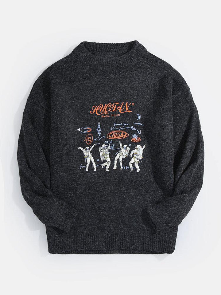 Mens Astronaut Letter Print Crew Neck Knit Casual Pullover Sweaters - Trendha