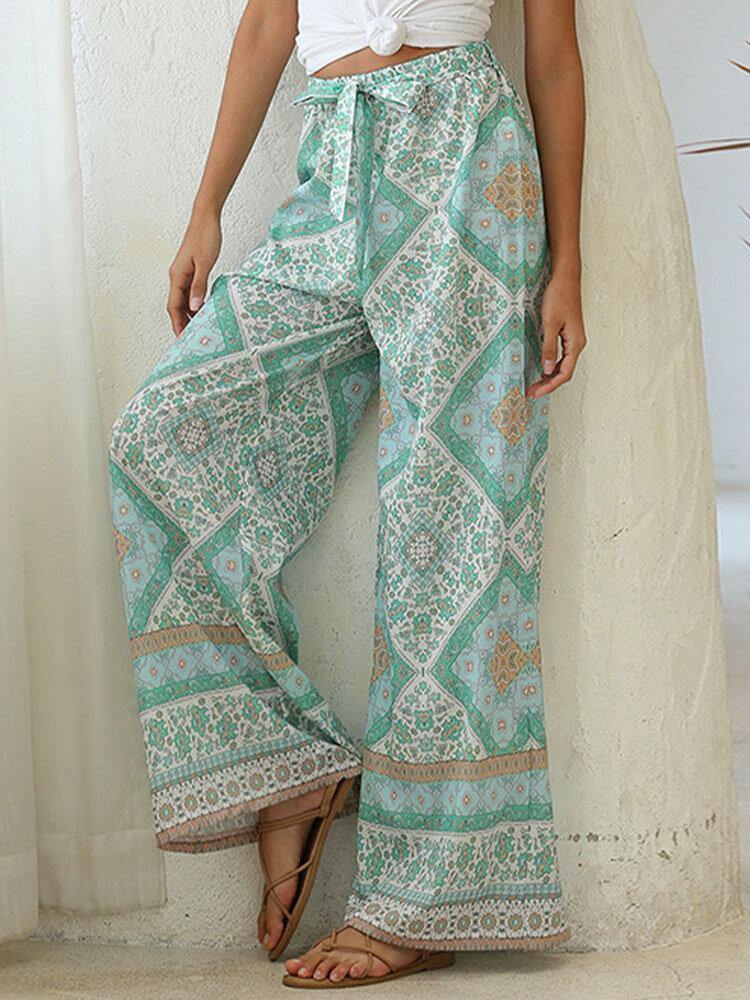 Bohemian High Waist Knotted Floral Print Holiday Ethnic Wide Leg Pants - Trendha