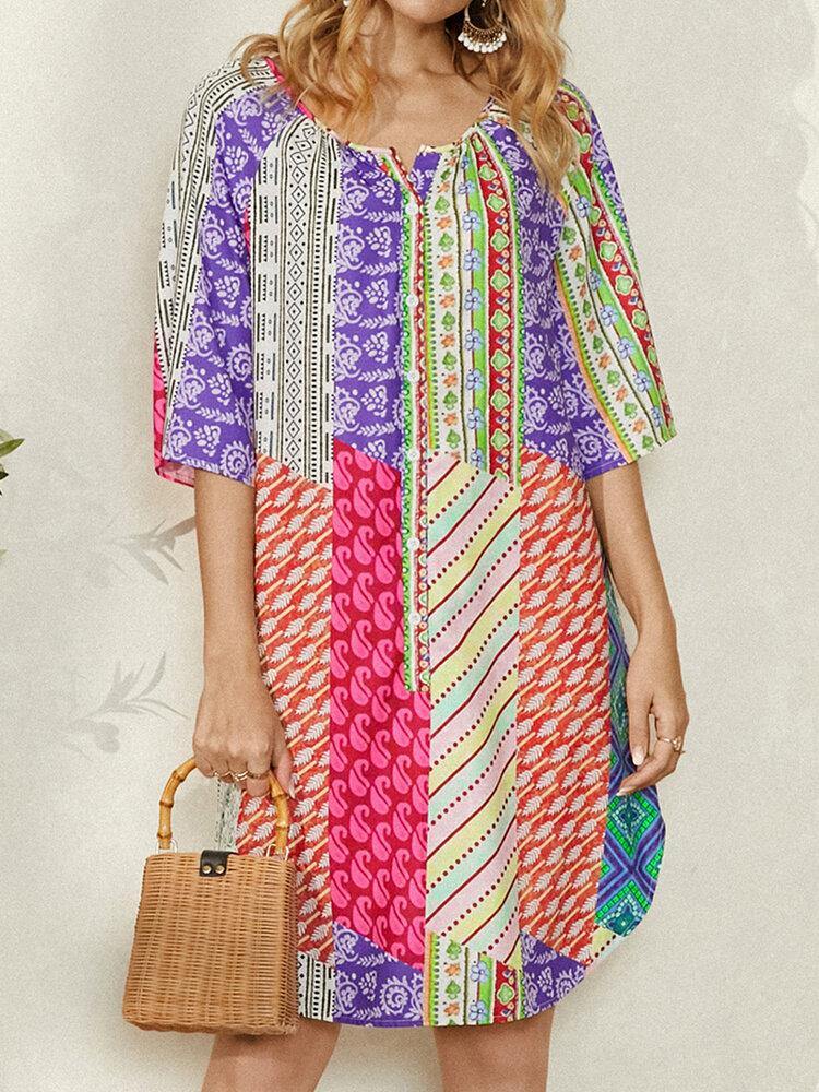 Women Abstract Colorblock Print Crew Neck Half Sleeve Ethnic Style Dress - Trendha