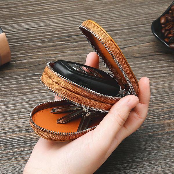 Men Genuine Leather Minimalist Wallet Double Zipper Car Key Case Key holder - Trendha