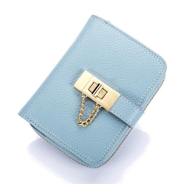 Women Genuine Leather Zipper Card Holder Chain Lock Short Purse Wallets - Trendha