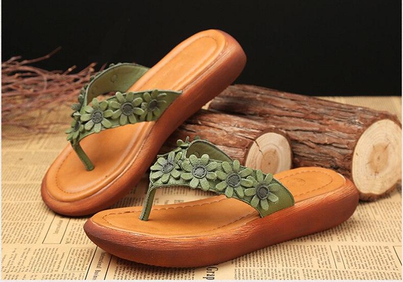 Ethnic style flowers flat leather flip flops female Mori girl sweets sandals and slippers - Trendha