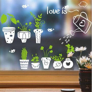 Wall Sticker Green Potteds Leaves Home Office Glass Decorations Wallpaper Poster Art Living Room Background Wall Decals - Trendha