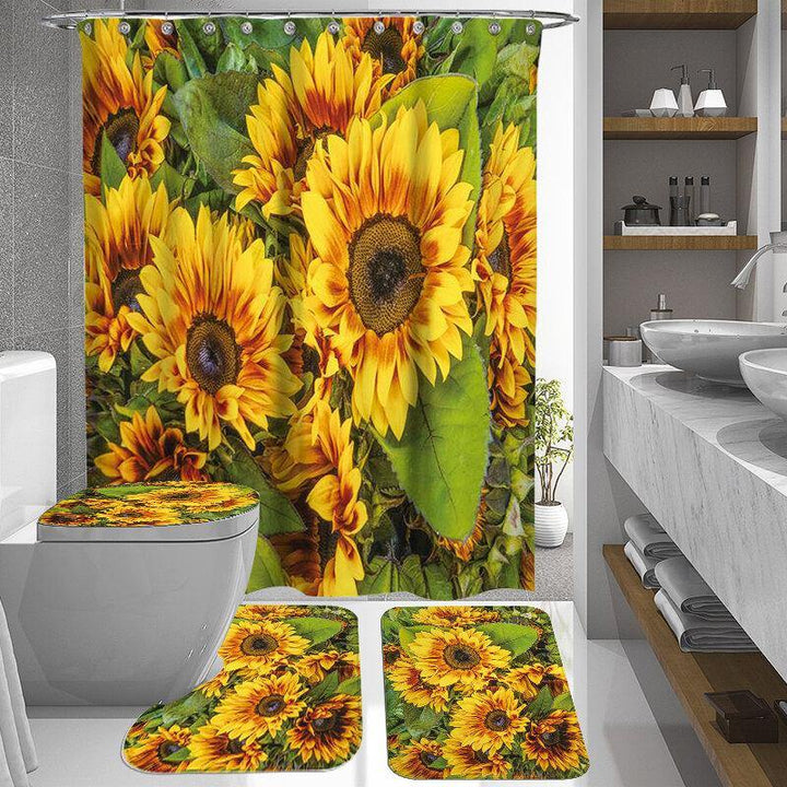 1/3/4Pcs Waterproof and Mildew proof Sunflower printed Shower Curtain Bathroom Toilet Rug Mat Set - Trendha