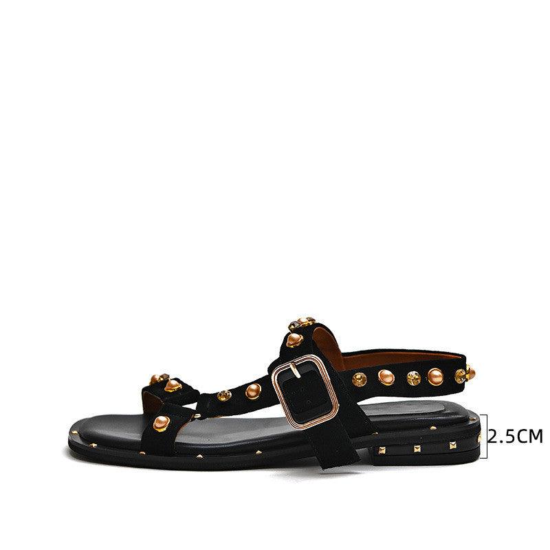 Black Flat Orange Roman Holiday Style Women's Sandals - Trendha