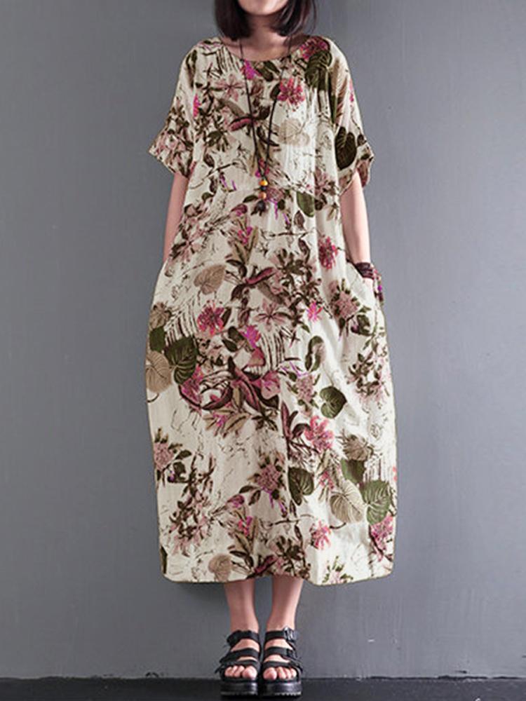 Women Vintage Retro Short Sleeve Cotton Floral Maxi Dress - Trendha