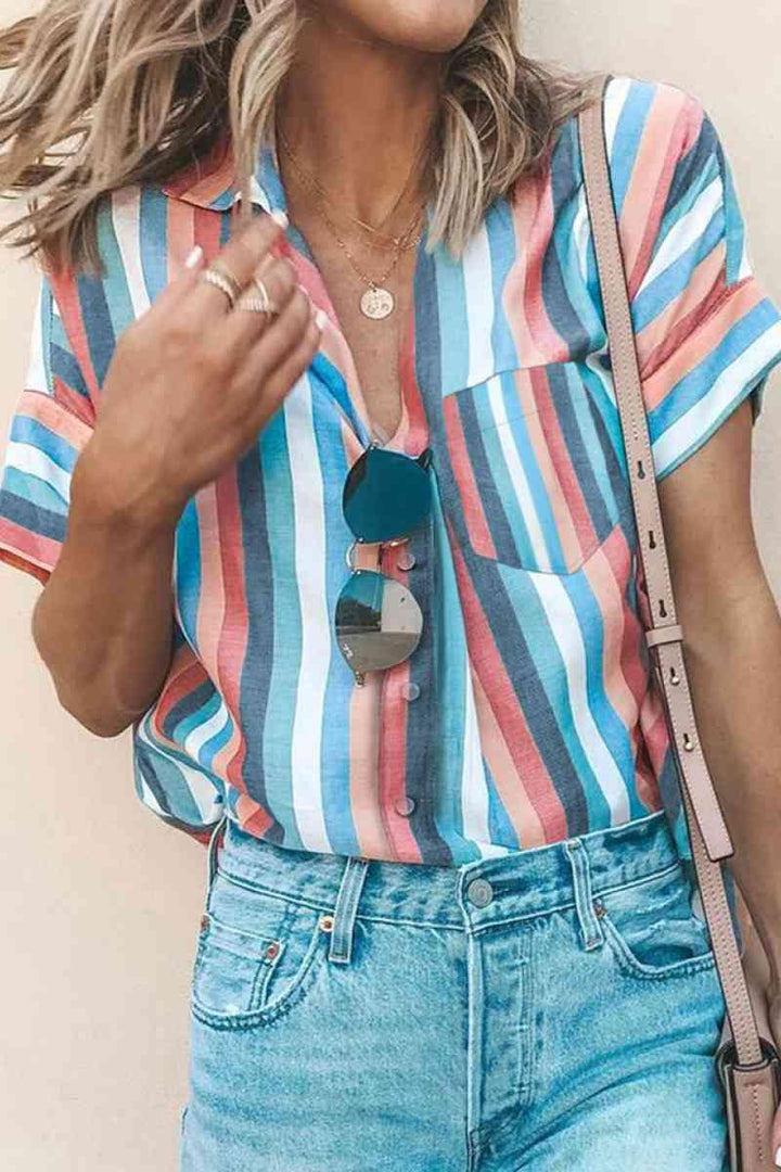 Striped Collared Neck Button-down Pocketed Top - Trendha
