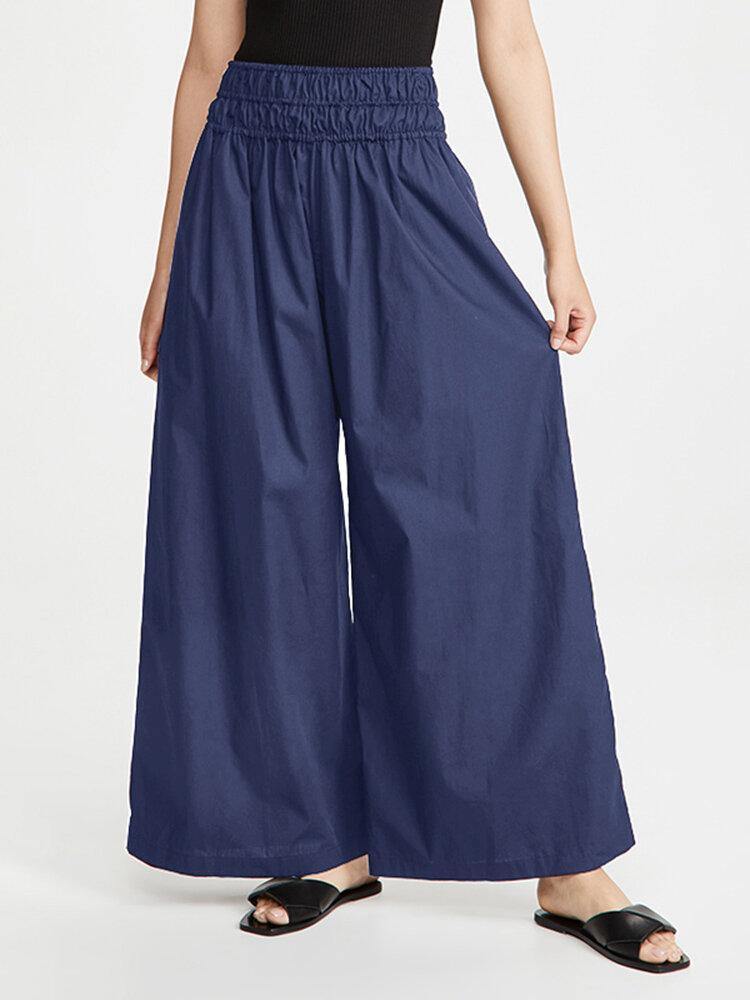 Women Cotton Elastic Waist Side Pockets Solid Casual Wide Leg Pants - Trendha