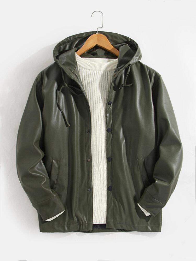 Mens Solid Color Hooded Leather Jacket With Slant Pocket - Trendha