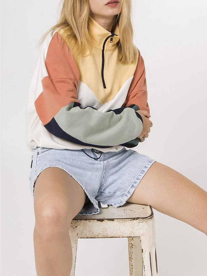 Women Patchwork Half Zipper Front Long Sleeve Pullover Design Sweatshirts - Trendha
