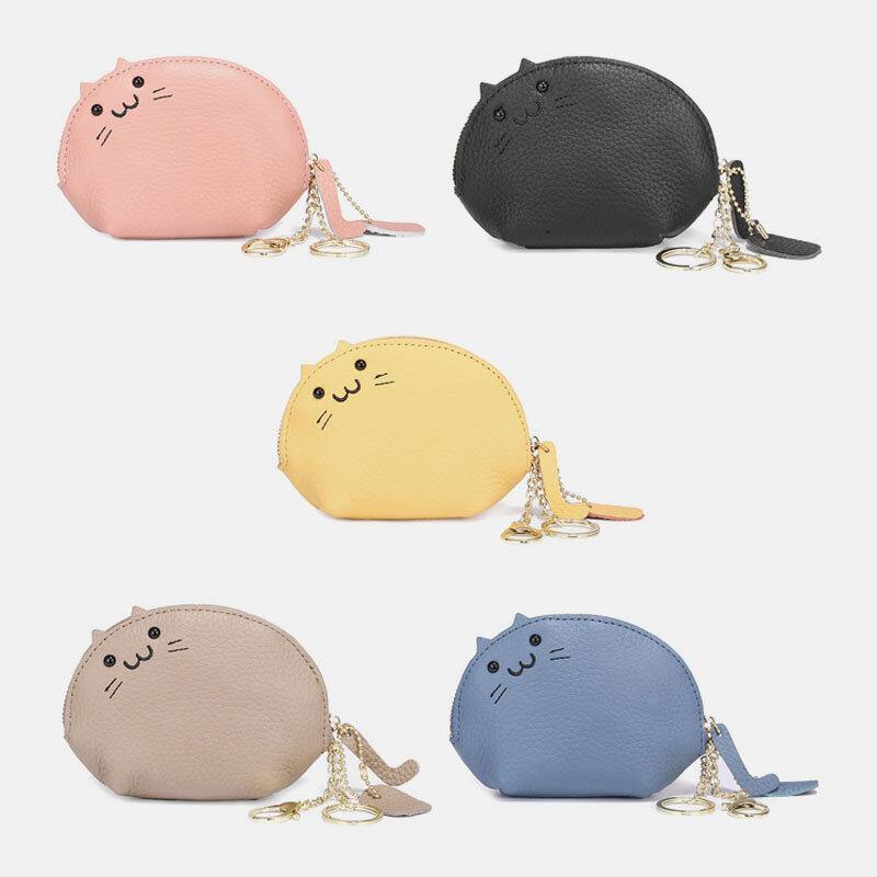 Women Genuine Leather Casual Cute Animal Cat Pattern Mini Hanging Coin Bag Storage Bag - Trendha