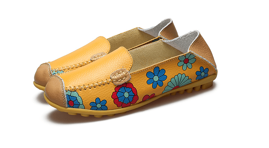 Flower Print Genuine Leather Flexible Loafers - Trendha