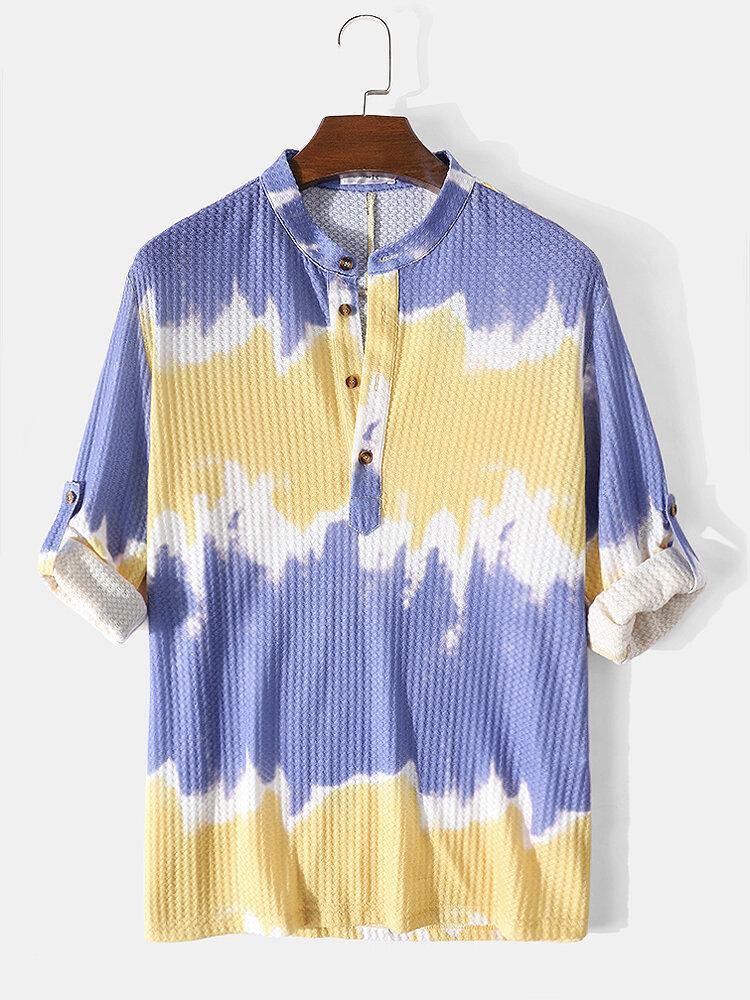 Mens Waffle Tie-Dye Button Designer Long Sleeve Henley Shirt - Trendha