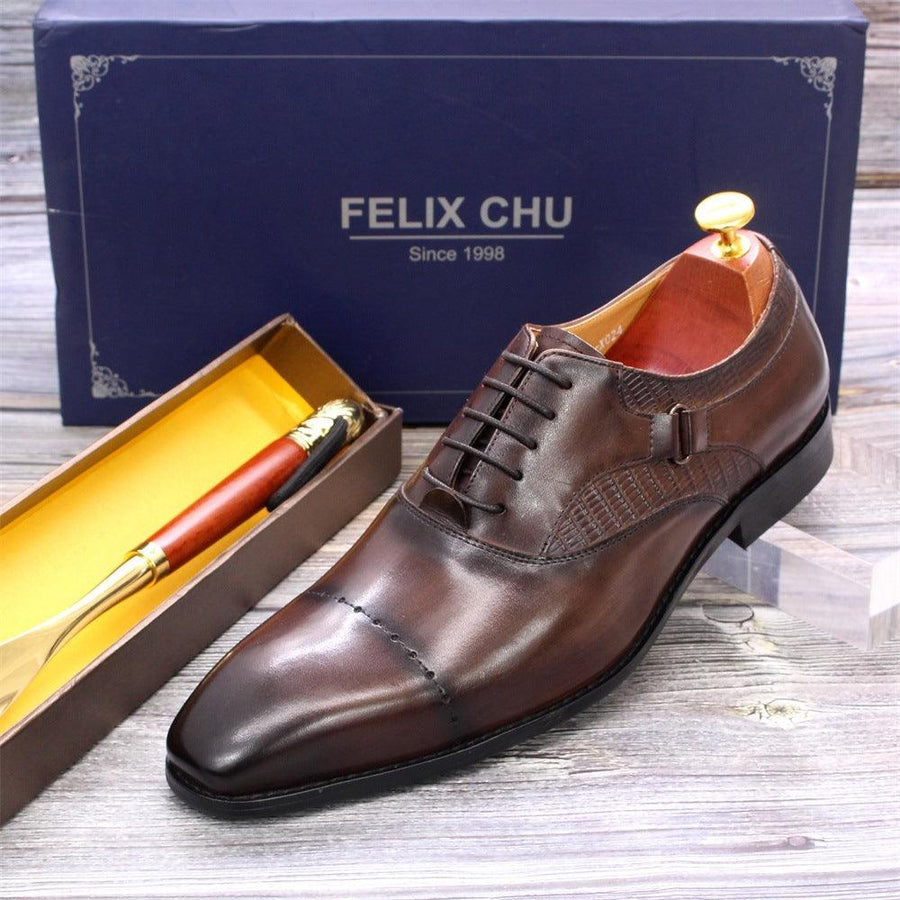 Business Formal Carved Full Cowhide Pointed Toe Handmade Leather Shoes - Trendha