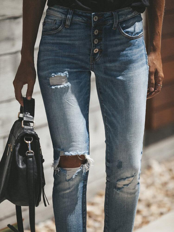 Women Leisure Button Hollow Out Ripped Work Daily Casual Jeans - Trendha