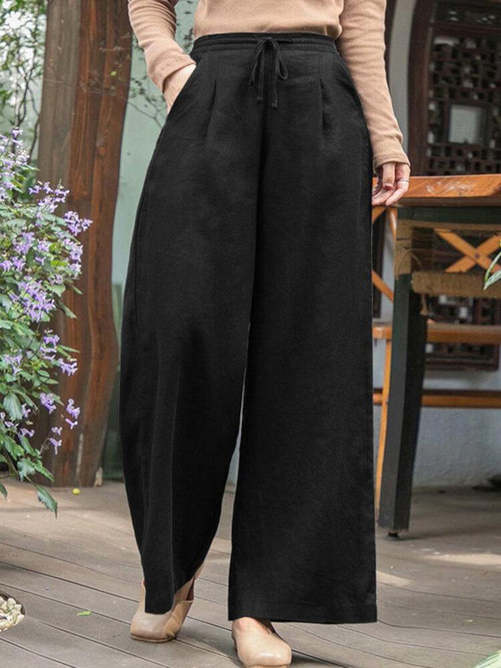 Women Solid Color Pleated Casual Drawstring Wide Leg Pants With Pocket - Trendha