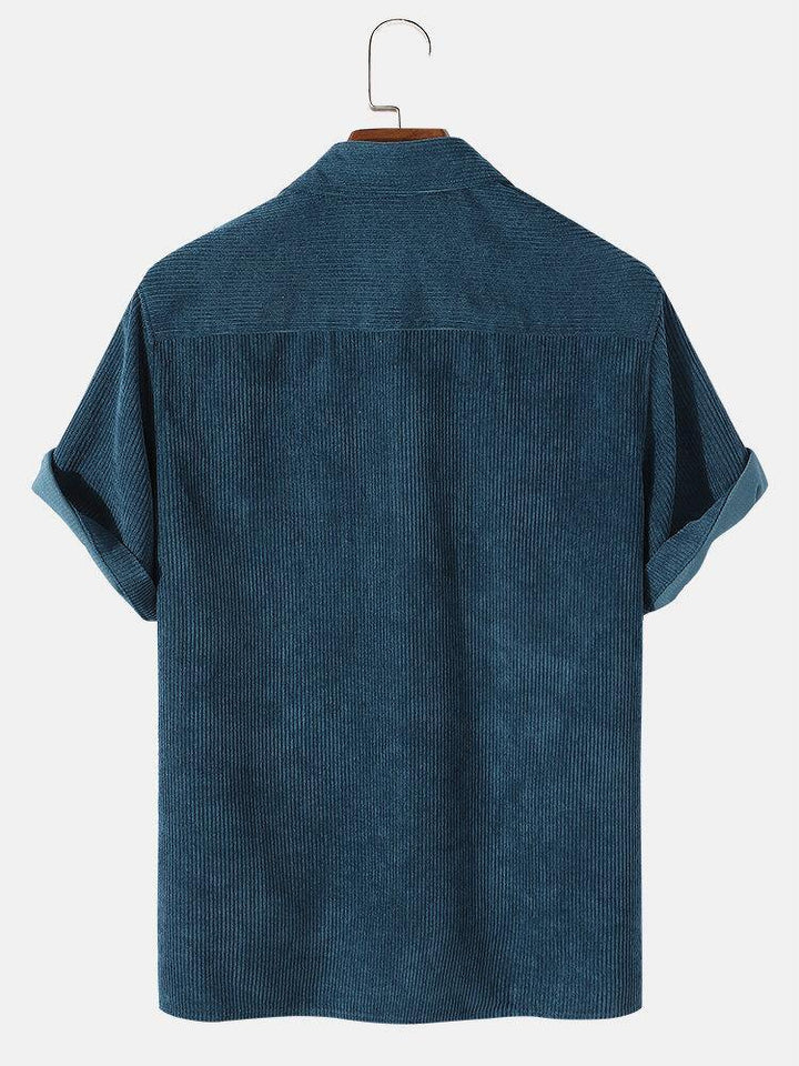Mens Corduroy Solid Color Lapel Short Sleeve Henley Shirt - Trendha