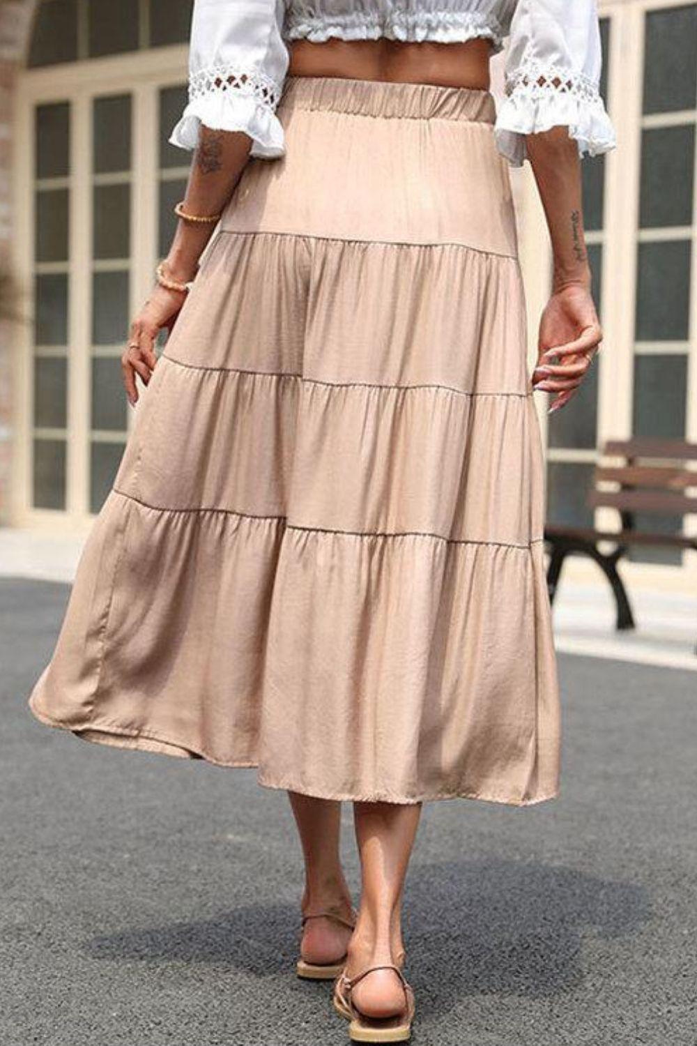 Elastic Waist Tiered Midi Skirt - Trendha