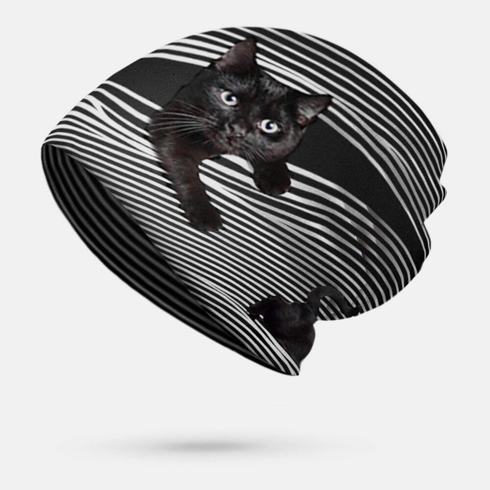 Women Plus Velvet Thick 3D Cat Stripes Print Soft Personality Breathable Turban Cap Beanie - Trendha