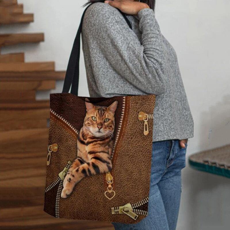 Women Canvas Cute 3D Three-dimensional Vision Cat Pattern Shoulder Bag Handbag Tote - Trendha
