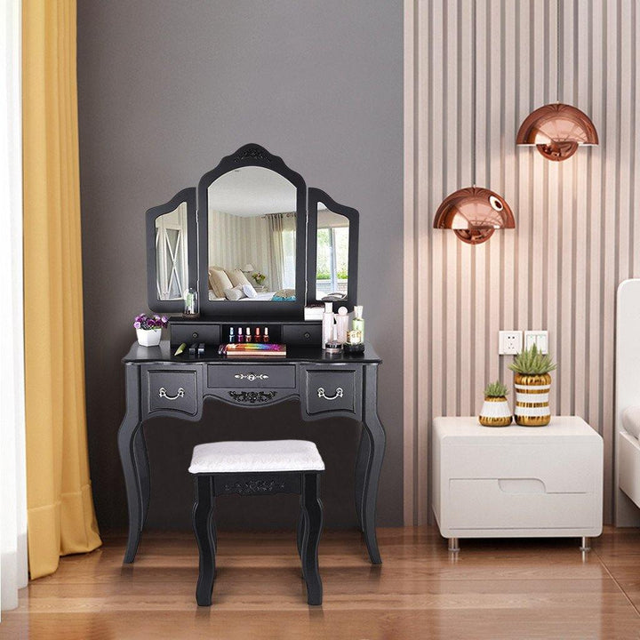 Vanity Beauty Station Makeup Table And Wooden Stool 3 Mirrors And 5 Drawers Set - Trendha