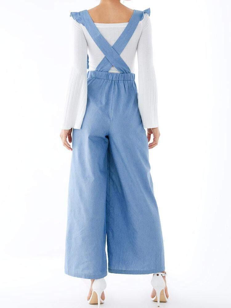 Women Solid Color Plain V-Neck Button Pocket Casual Back Crisscross Jumpsuit - Trendha