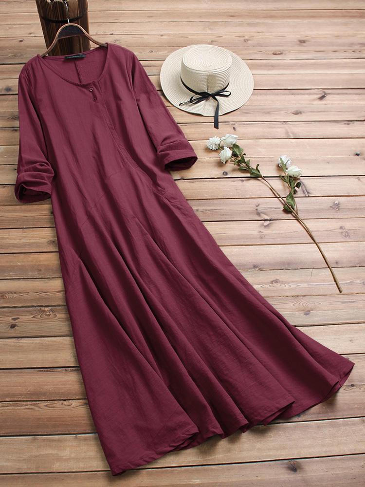 Vintage Women Cotton O-Neck Solid Color Irregular Hem Maxi Dress - Trendha