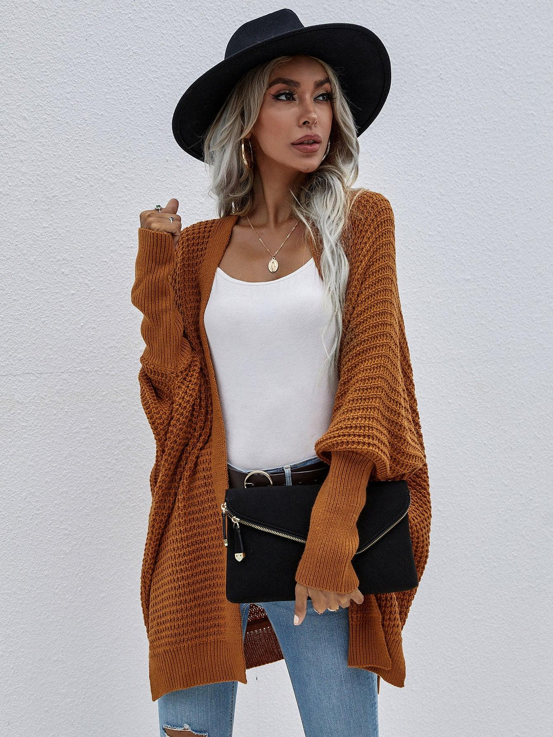 Waffle Knit Open Front Cardigan - Trendha