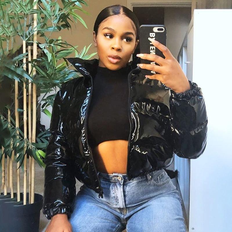 Women's Slim PU Puffer Jacket with Stand Collar