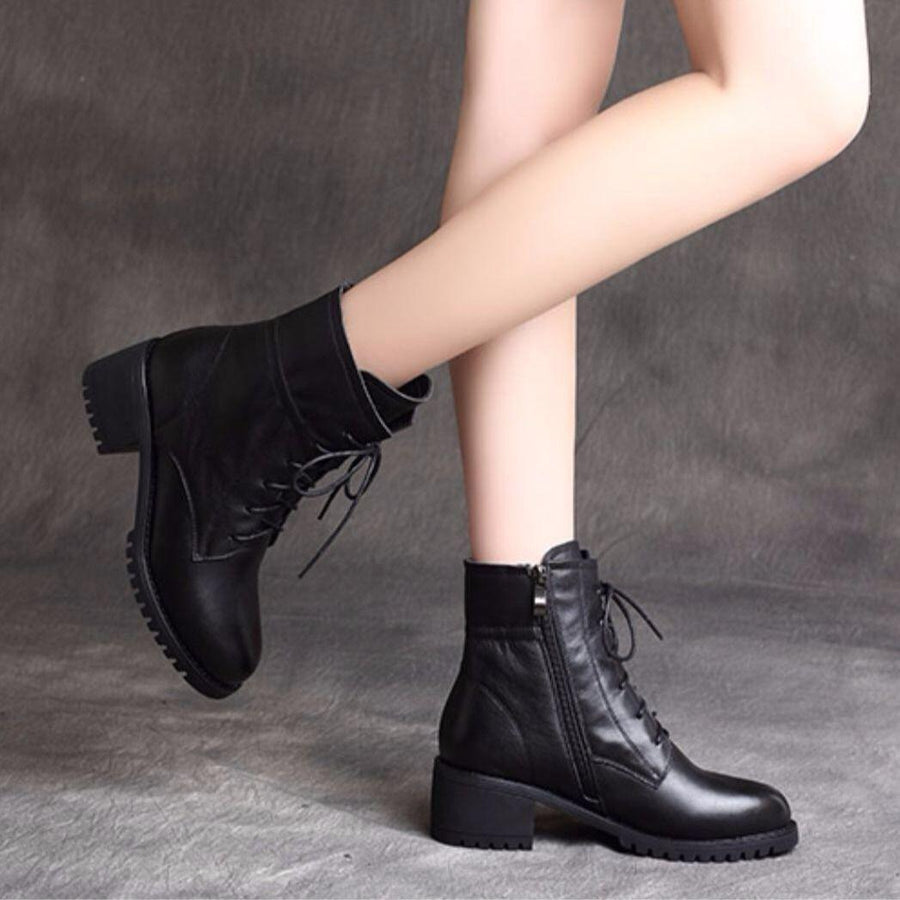 Soft Leather And Velvet British Style Thick Heel Short Boots All-match - Trendha
