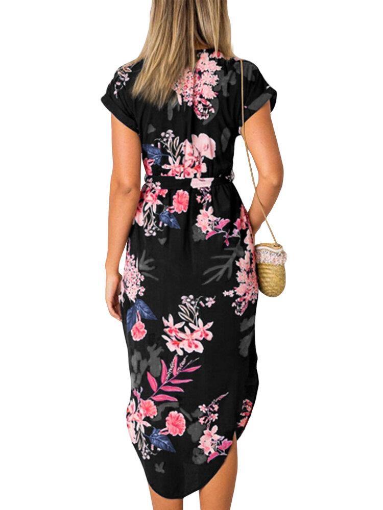 Non-Elastic V-Neck Floral Printed Split Floral Casual Dress For Women - Trendha