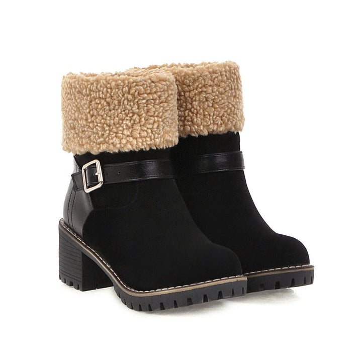 Women's Short Boots With Round Toe Thick Heel Belt Buckle - Trendha