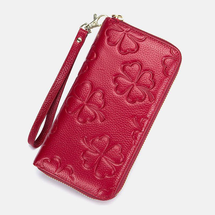 Women Genuine Leather RFID Clover Pattern Large Capacity Multi Card Slot Clutch Purse Card Holder Wallet - Trendha