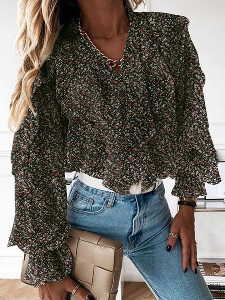 Ditsy Floral Print V-Neck Casual Flounce Sleeve Button Casual Blouses For Women - Trendha
