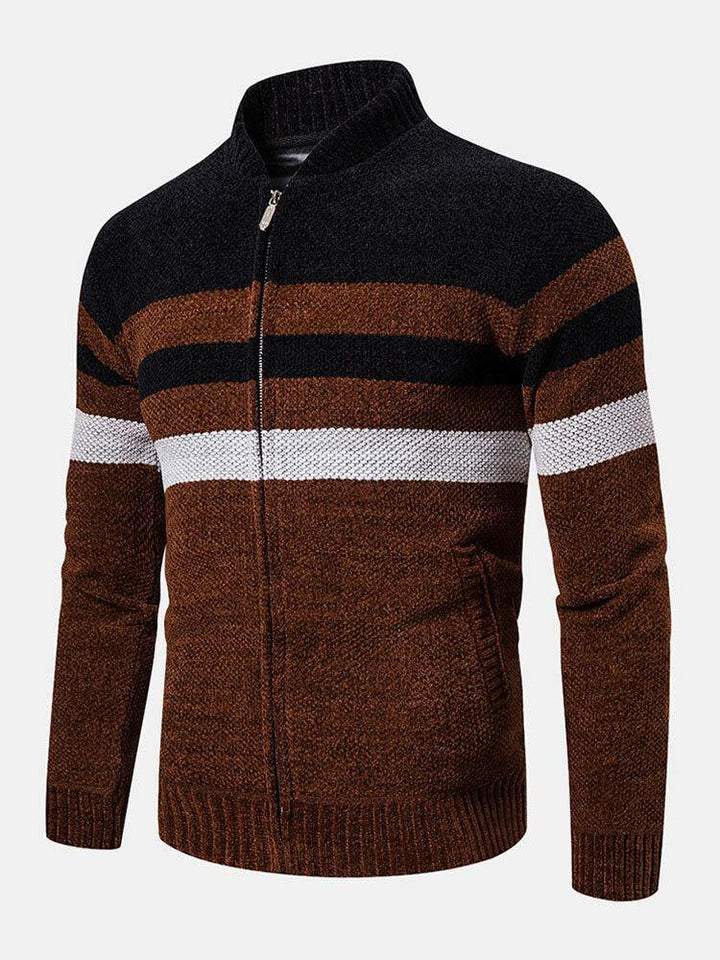 Mens Colorblock Striped Slant Pocket Baseball Collar Long Sleeve Sweater Hoodie Jacket - Trendha