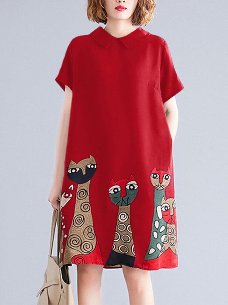 Short Sleeve Lapel Loose Back Button Animal Printed Dress For Women - Trendha