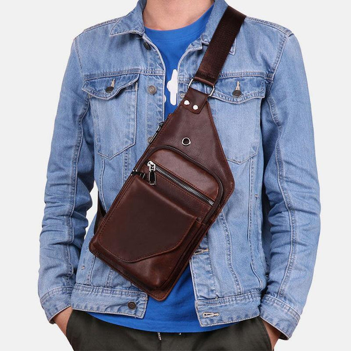 Men Genuine Leather Retro Business Leather Chest Bag Crossbody Bag With Earphone Hole - Trendha
