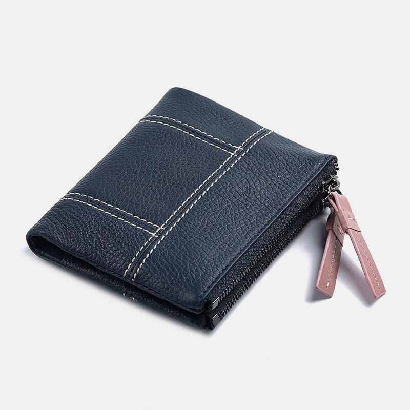 Women Genuine Leather Bifold Hasp Zipper Short Multi-Card Slots Coin Purse Money Clip Wallet - Trendha