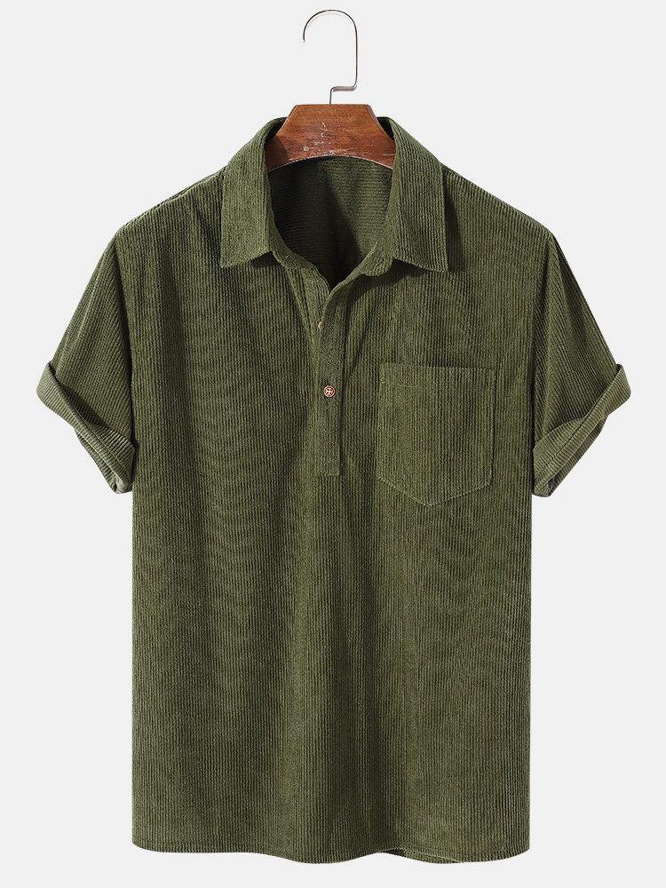 Mens Solid Color Basic Style Corduroy Lapel Short Sleeve Henley Shirt - Trendha