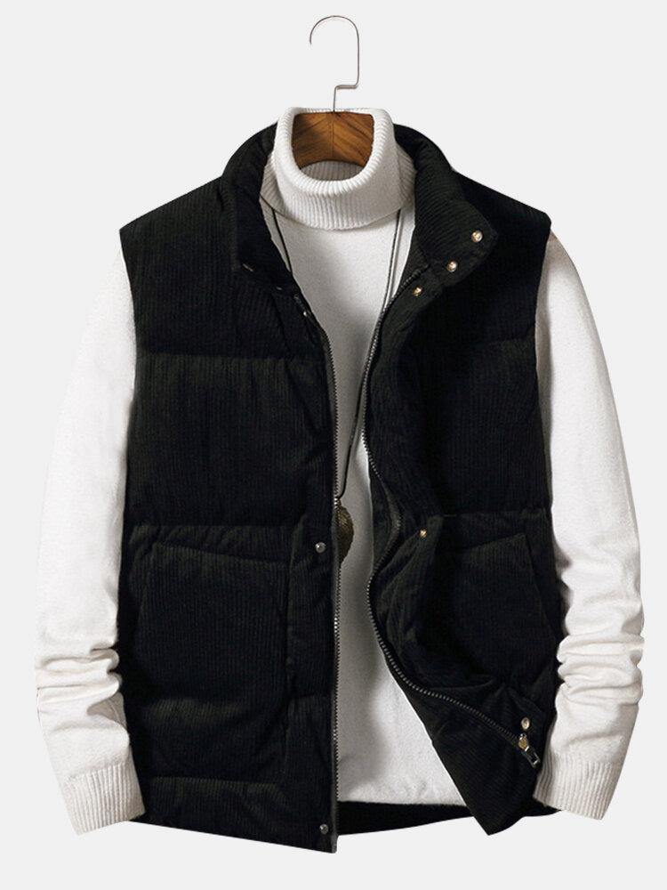 Mens Corduroy Solid Color Zipper Pocket Thicken Warm Padded Gilet - Trendha