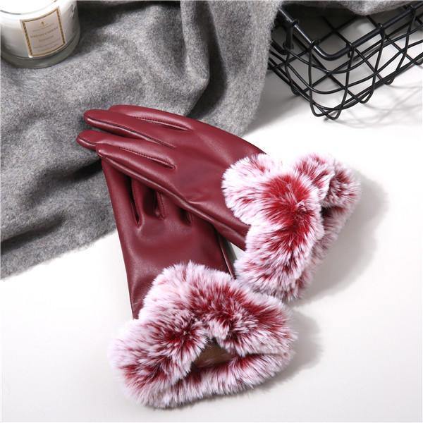 Women Cold Winter Warm Thick Rabbit Fur Leather Ski Gloves - Trendha