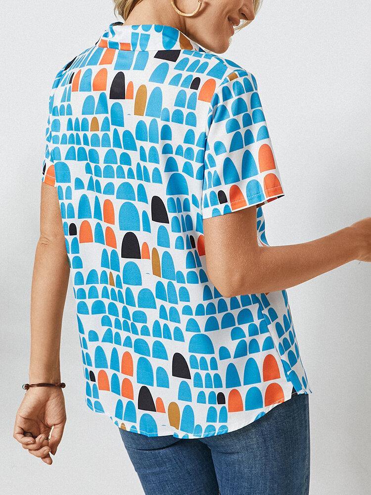 Geometric Print Lapel Short Sleeve Button Blouse For Women - Trendha