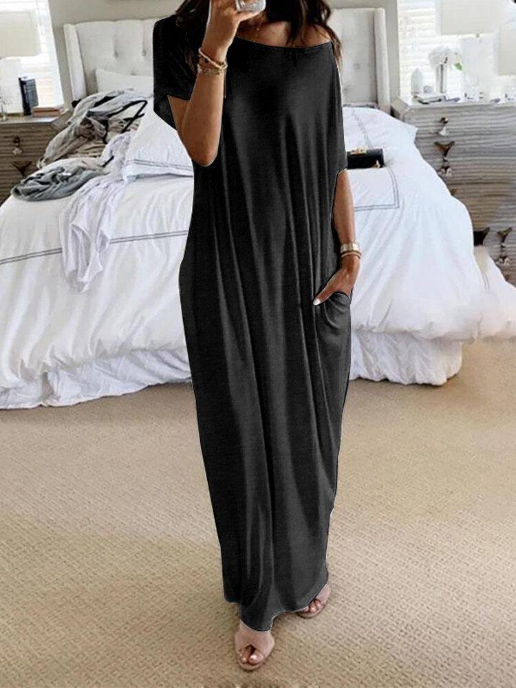 Women Raglan Short Sleeve Solid Side Fork Casual Dress With Side Pockets - Trendha
