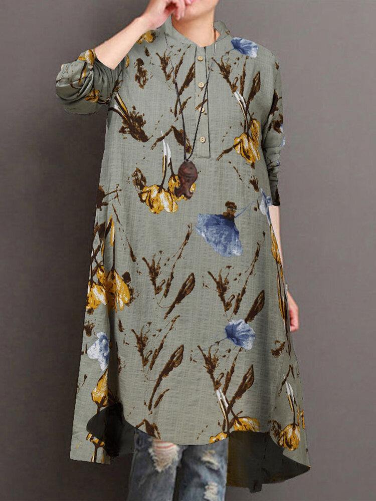 Women Floral Print Button Front High Low Hem Long Sleeve Midi Shirt Dress - Trendha