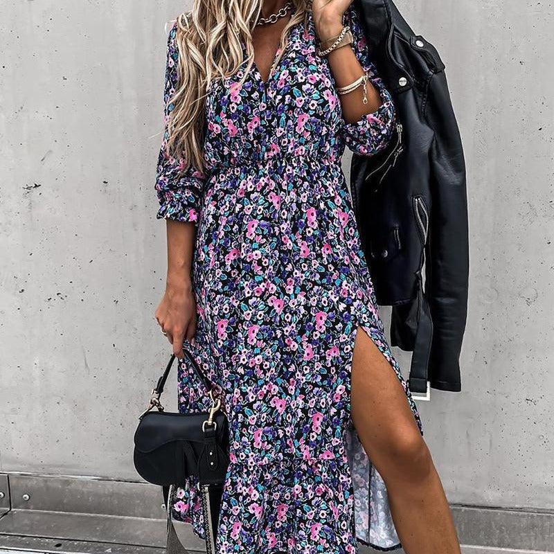 Floral V-Neck Button-Front Long Dress