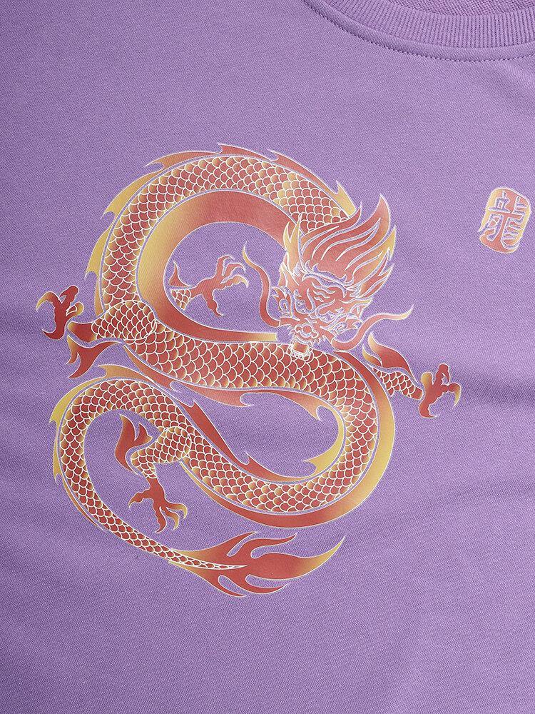 Mens Oriental Dragon Graphic Print Round Neck Pullover Cotton Sweatshirts - Trendha