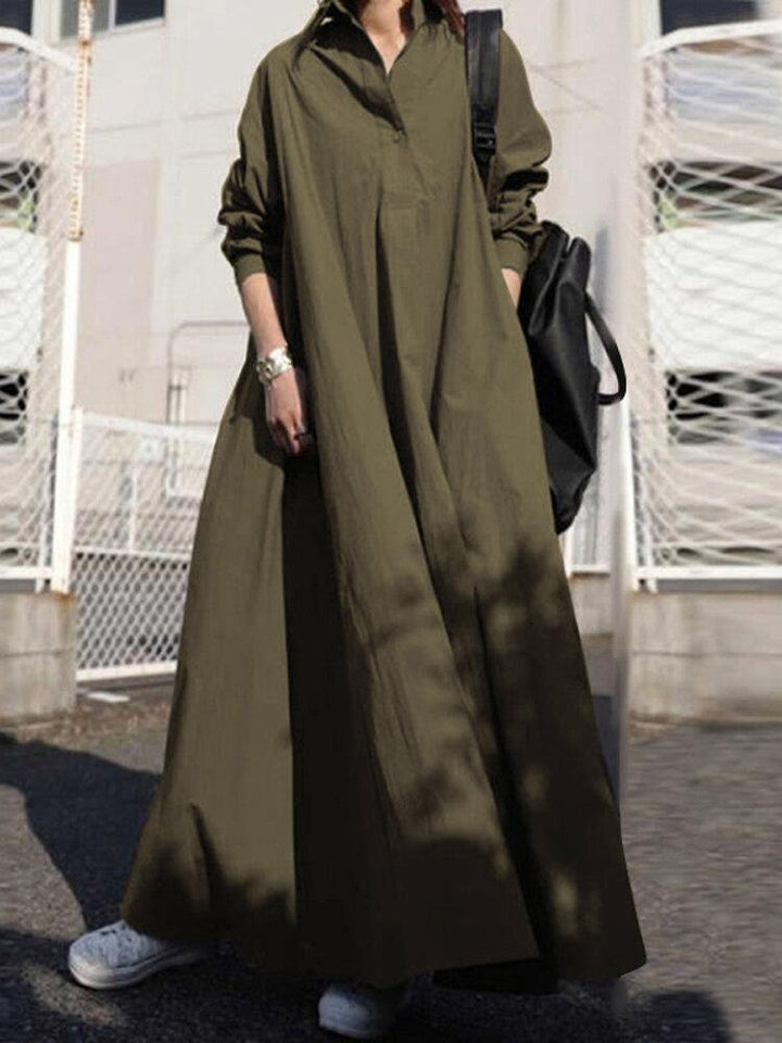 Women Solid Color Turn-down Collar Long Sleeve Button Casual Shirt Dresses With Pocket - Trendha