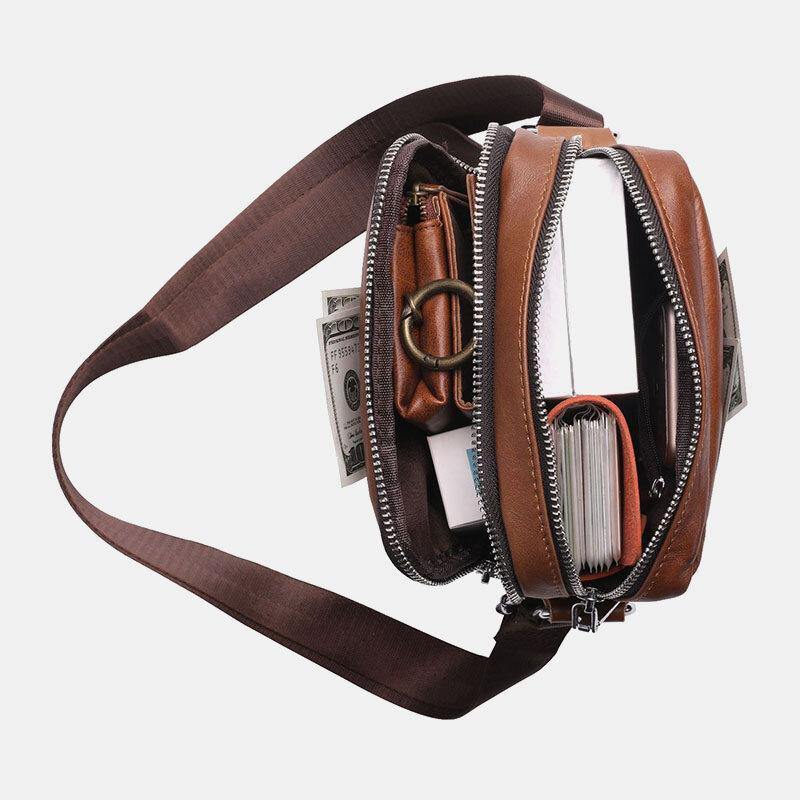 Men Genuine Leather Multi-pocket Headphone Hole Vintage 6.5 Inch Phone Bag Crossbody Bag Shoulder Bag Messenger Briefcase - Trendha