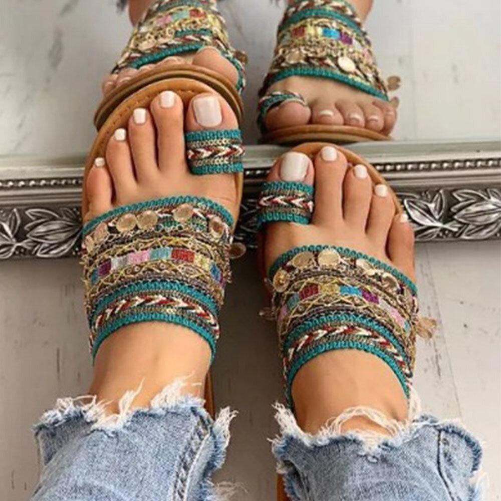 Bohemian Ethnic Style Women's Large Size Beach Toe Ring Sandals: Comfortable and Stylish - Trendha