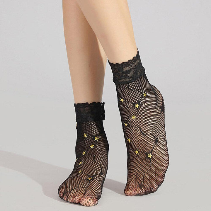 3 Pairs Women Five-pointed Star Decoration Short Sock Thin Lace Hollow Breathable Silk Stockings Tube Socks - Trendha
